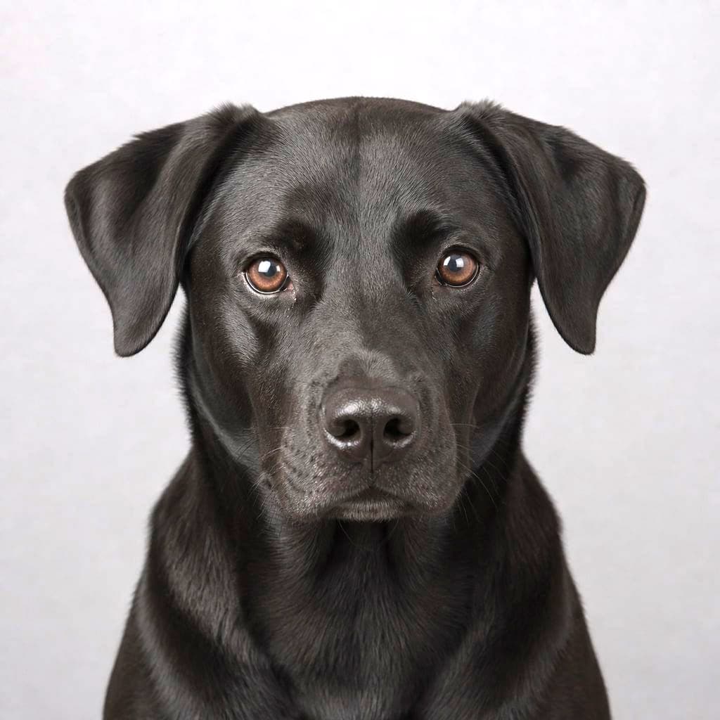 A black Labrador against a pale grey backdrop, the whole frame lifted until the coat reads as a flat dark grey-brown with almost no texture in it.