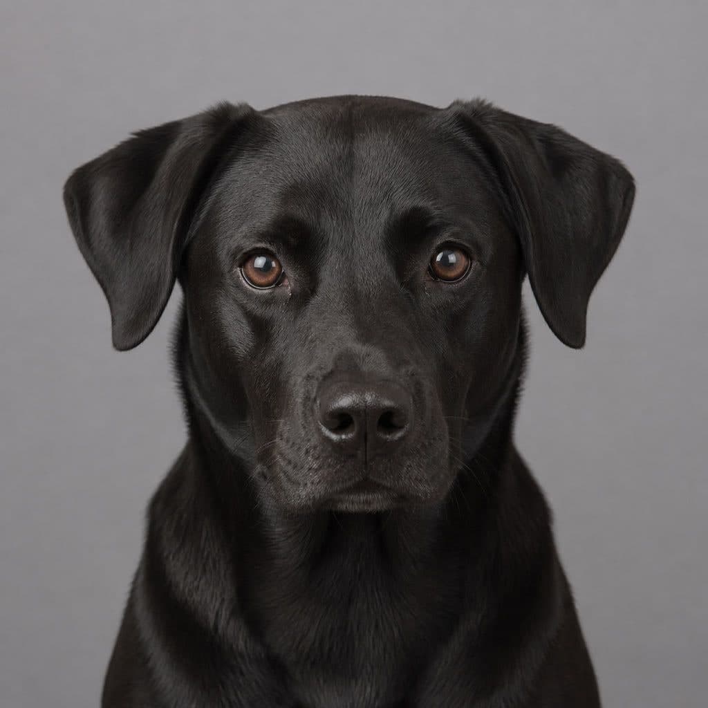The same black Labrador with the exposure pulled back down: the coat is properly black, the backdrop has gone mid-grey, and the fur along the shoulder has its texture back.