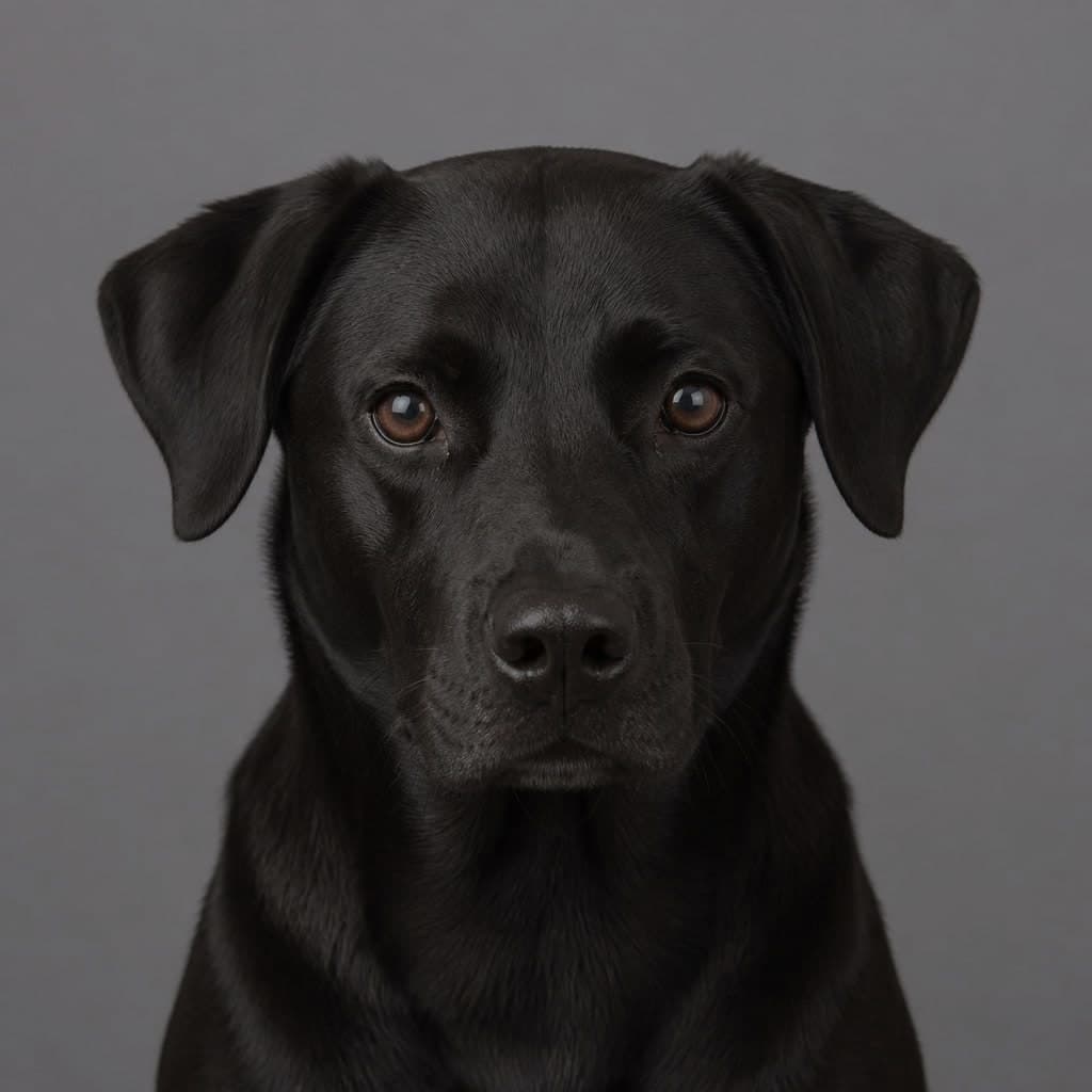 The same black Labrador darkened further still, until the coat has closed up into a near-silhouette and the shape of the muzzle is hard to read.