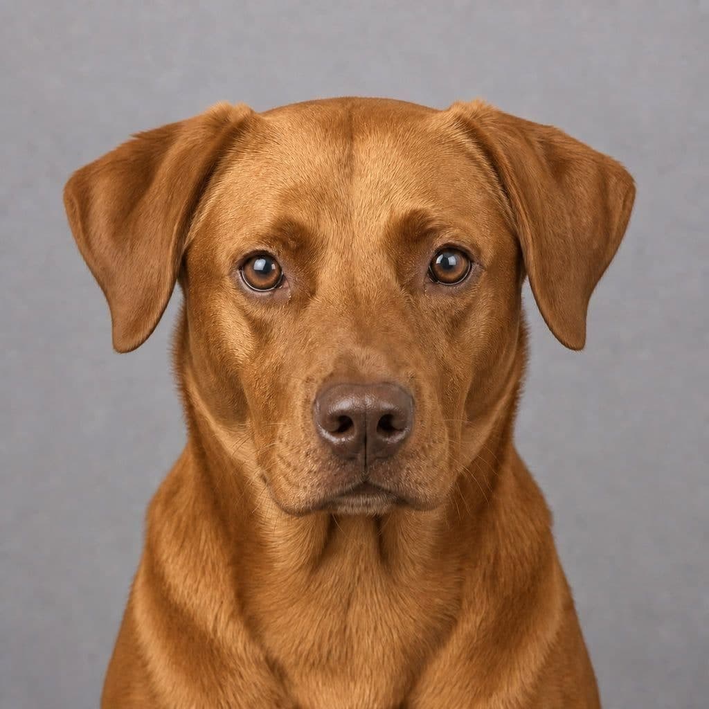 A tan Labrador against a grey backdrop, exposed exactly as an averaging meter sets it — and looking correct, because a mid-brown coat is close to what the meter is guessing at.