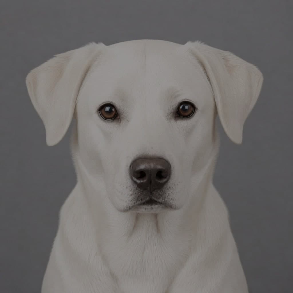 A white Labrador against a grey backdrop, the frame pulled down until the coat reads as a dull grey rather than white and the face looks flat.