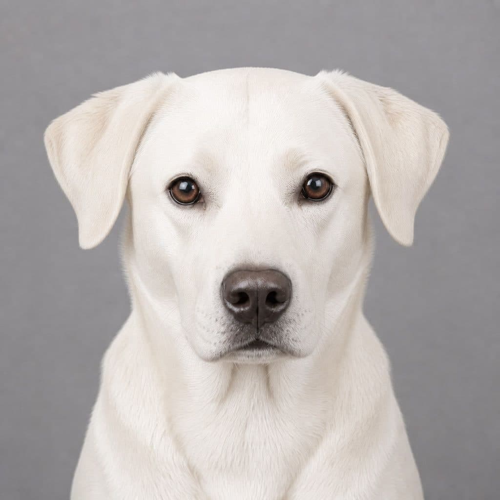 The same white Labrador with the exposure lifted back up: the coat reads as cream-white again and the fur across the chest still holds its detail.
