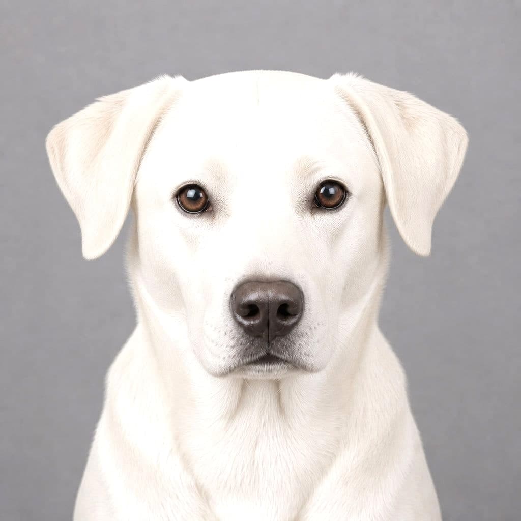 The same white Labrador lifted further, until the brightest fur across the forehead and chest has begun to flatten into featureless white.