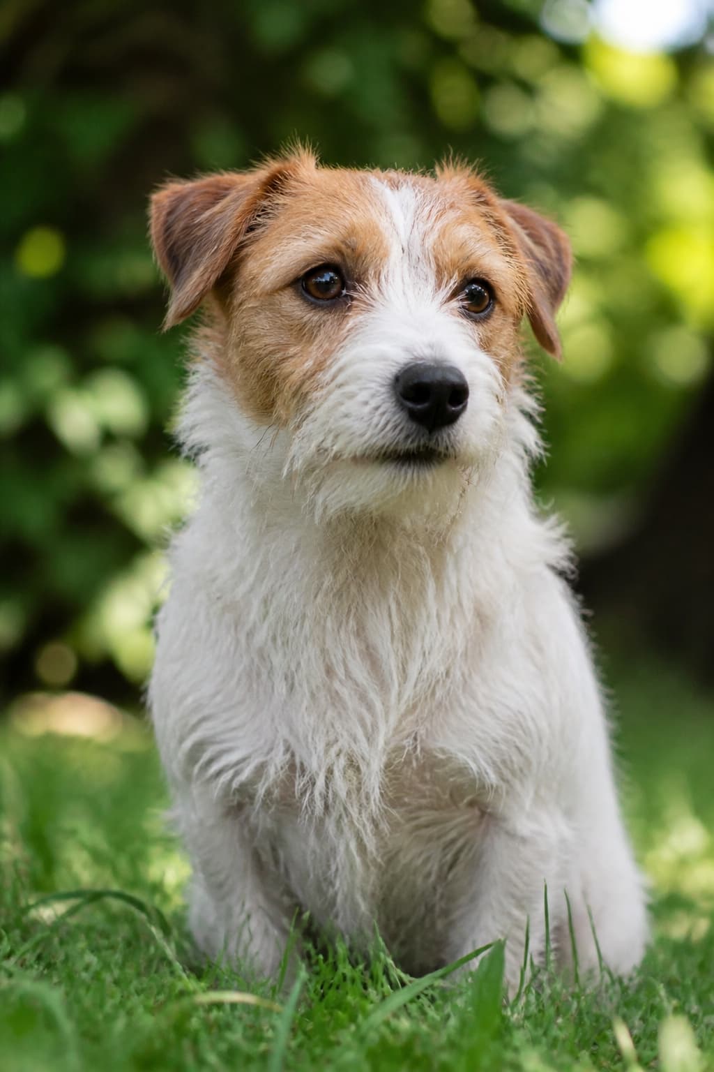 AI pet portrait in Garden style — a dog sitting in grass under dappled light, garden greenery blurred to colour behind