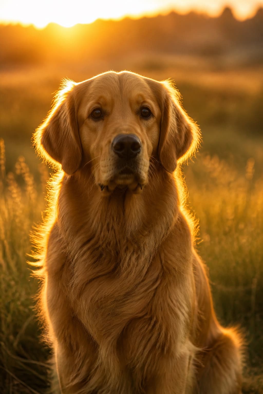 AI pet portrait in Golden Hour style — a long-coated dog backlit by low sun, a warm rim of light along the ears and coat