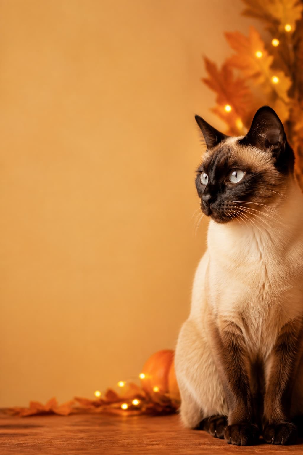 AI pet portrait in Card style — a cat offset to one side of a warm seasonal frame with clean copy space left beside it
