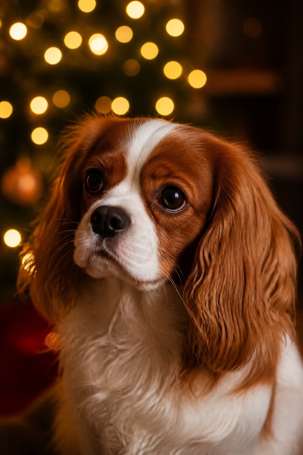 AI pet portrait in Holiday Cozy style — a dog beside fairy lights blurred into warm bokeh, no costume or props