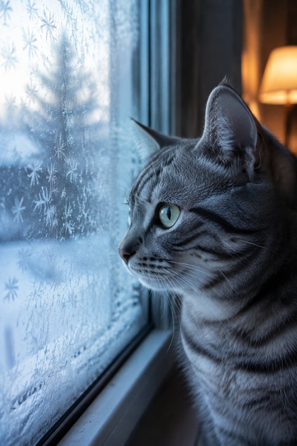 AI pet portrait in Frosted Window style — a silver tabby cat at an iced-up window, cold blue daylight through the glass against a warm lamp rimming the coat from behind