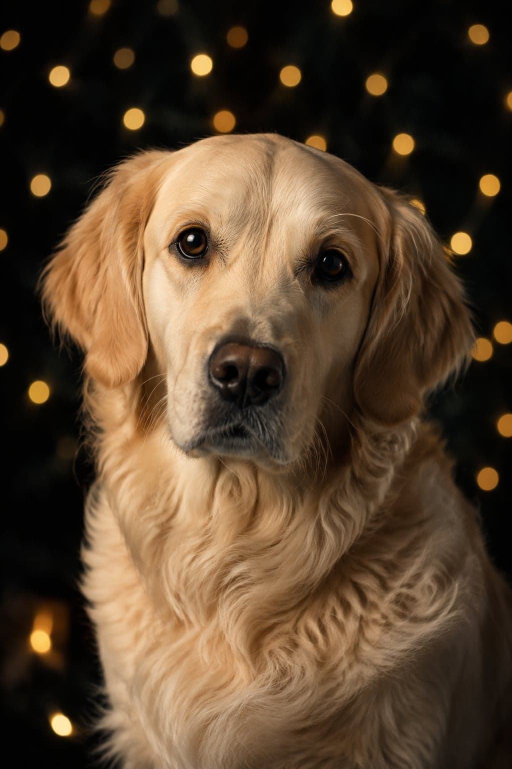 AI pet portrait in New Year style — a cream golden retriever lit warm against a near-black ground scattered with out-of-focus golden light points