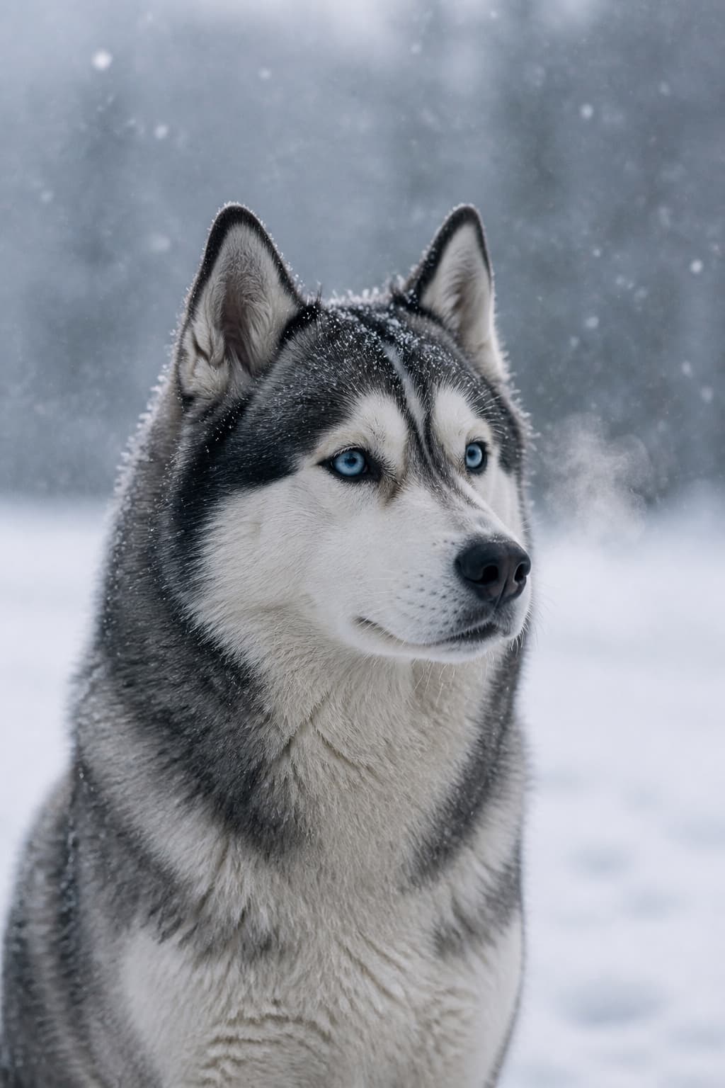 AI pet portrait in First Snow style — a dog outdoors in falling snow under cold blue daylight, breath visible in the air