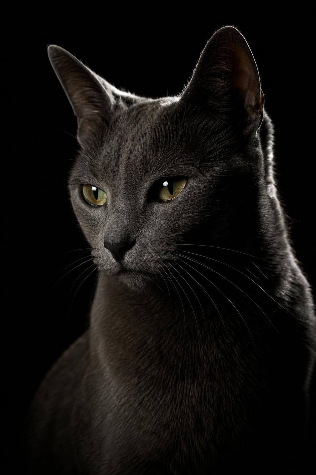 AI pet portrait in Low Key style — a blue-grey shorthaired cat with upright ears and green-gold eyes against near-black, a hard rim light defining the head and ears
