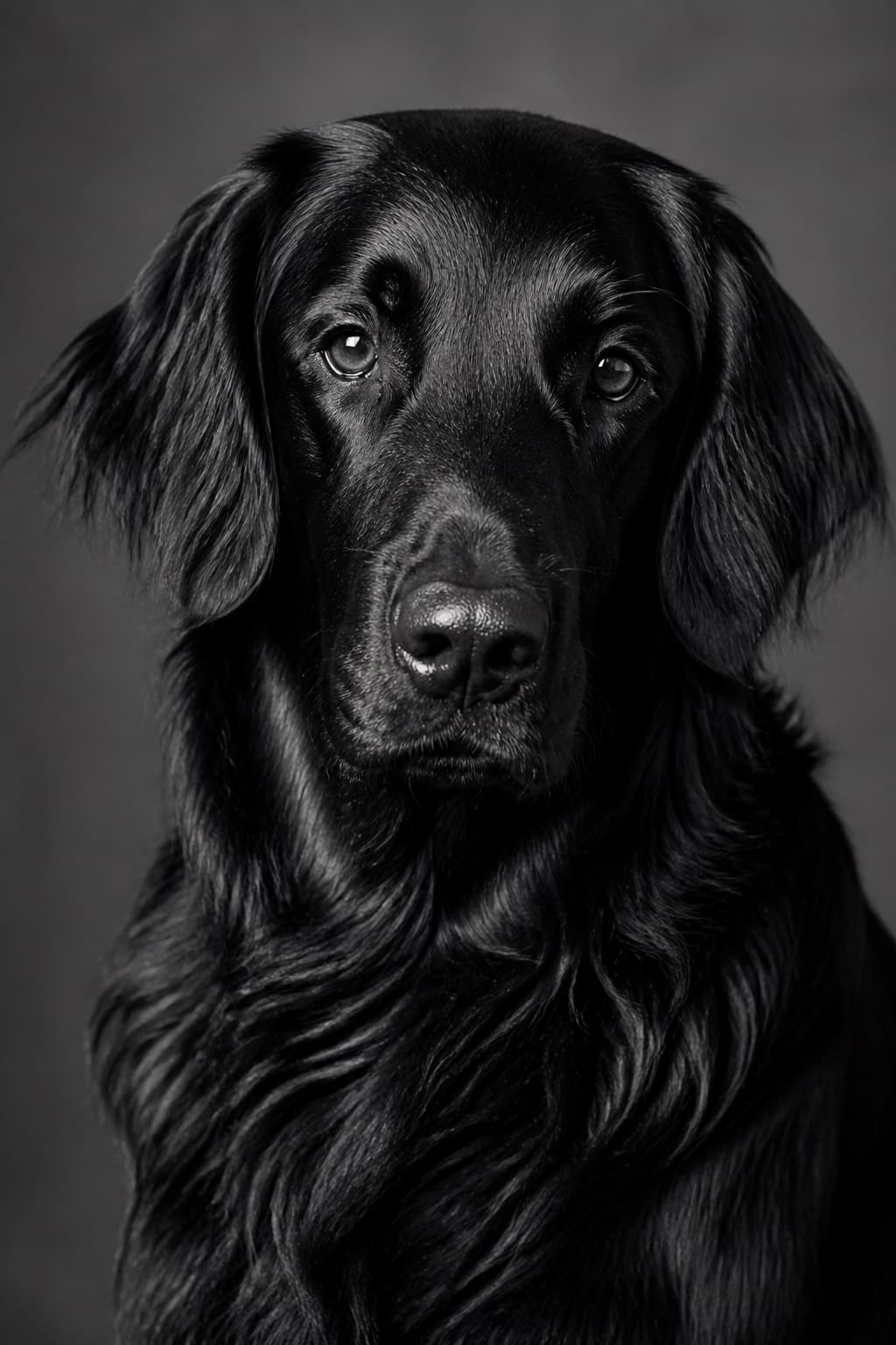 AI pet portrait in Black & White style — a black-coated dog in monochrome, side light raking across the fur to hold its texture