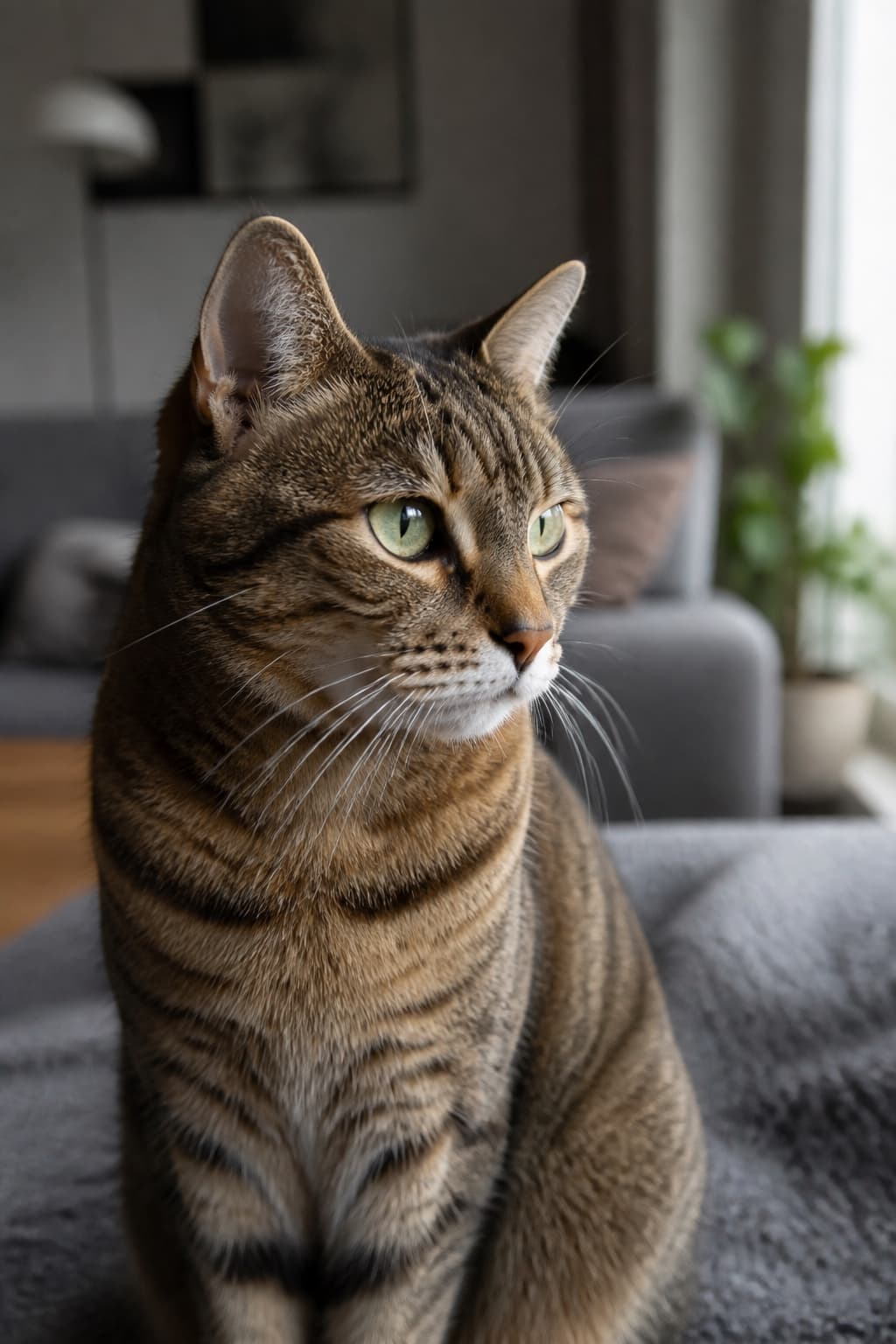 AI pet portrait in Window Light style — a tabby cat lit by soft daylight from one side, blurred living room behind